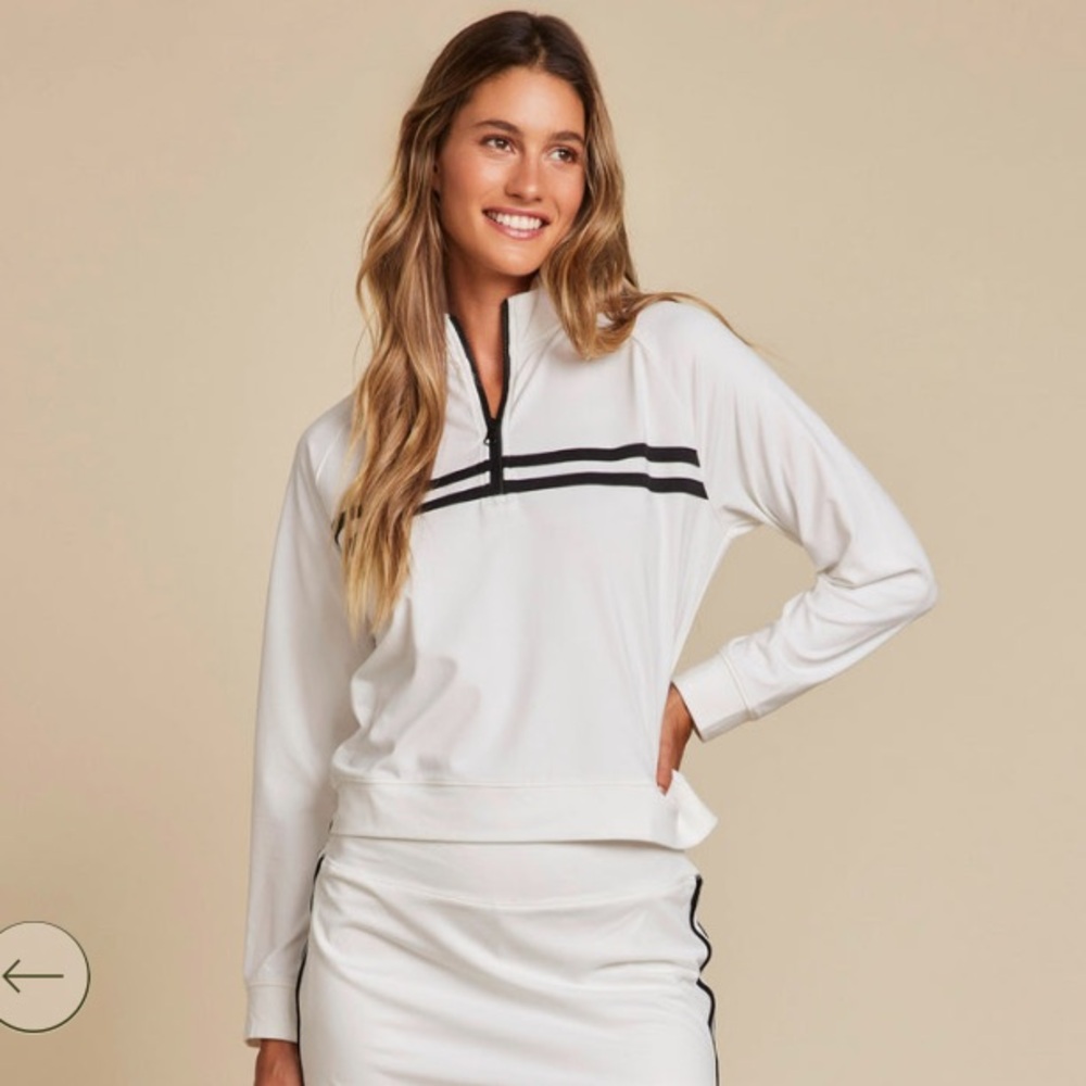 NWT Malibu Collection Butterchic 1/2 Zip Pullover with Stripes pearl and black